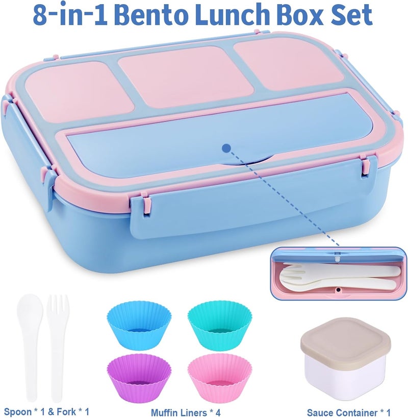 shell and turtle Bento Box Adult Lunch Box, Lunch Containers for Kids Girls Boys with 4 Compartments, Lunchable Food Container with Utensils, Sauce Jar, Muffin Liners, 40 Oz/5 Cup, Blue Pink - Image 5